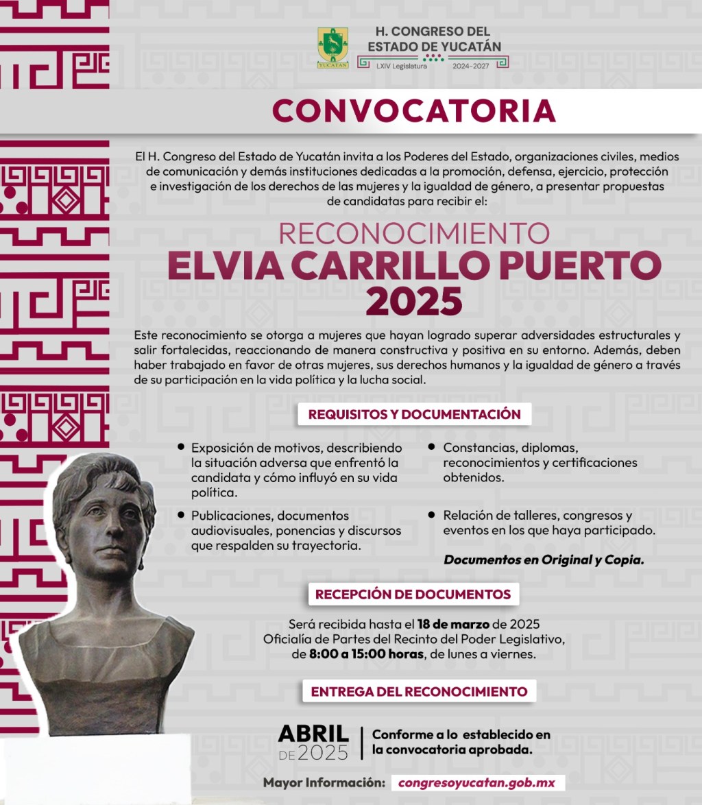 Congreso de Yucatán lanza convocatoria para el reconocimiento «Elvia Carrillo&nbsp;Puerto»
